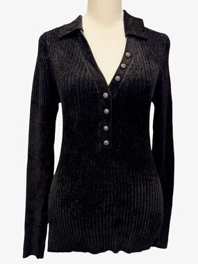 LIKE NEW WHBM Black Ribbed Collared V-Neck Velvet Sweater (medium)